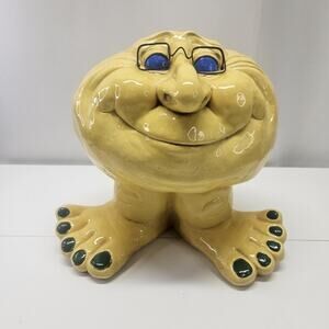 Vintage Handmade Funny Face Troll Ceramic Planter Yellow Garden Gnome Yard Art